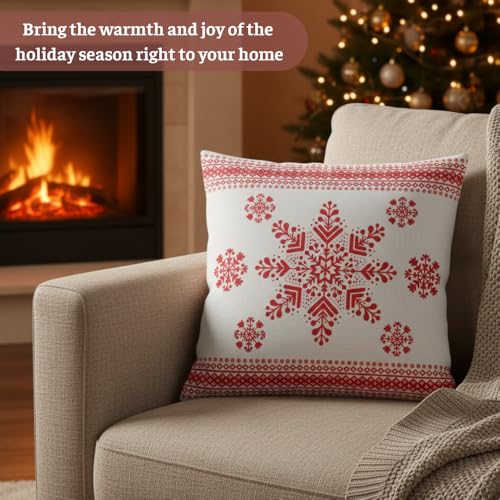 TSIMPLE Snowflake Pillow Cover 18x18 Inch Red & White Winter Holiday Decor