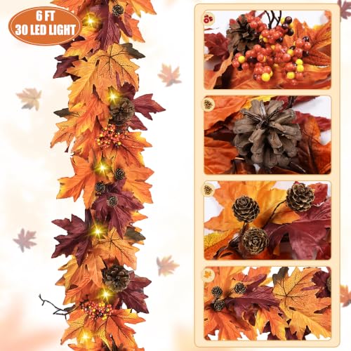 6Ft Fall Garland with 30 Lights & Timer - Autumn Mantle Decor