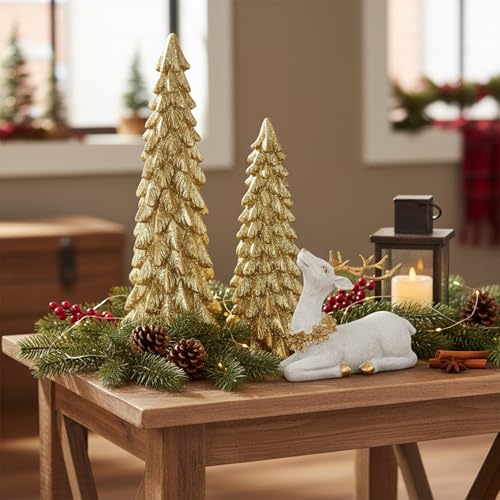 Gold Christmas Reindeer & Tree Figurine Set - Holiday Decor, Resin, 3 pcs