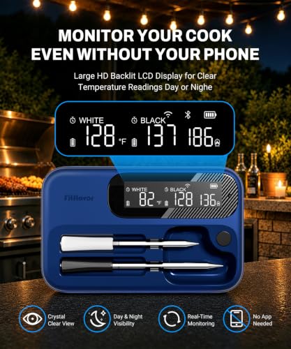 Wireless Meat Thermometer with Dual Probes, Bluetooth & WiFi App Control, Waterproof BBQ Grill Thermometer