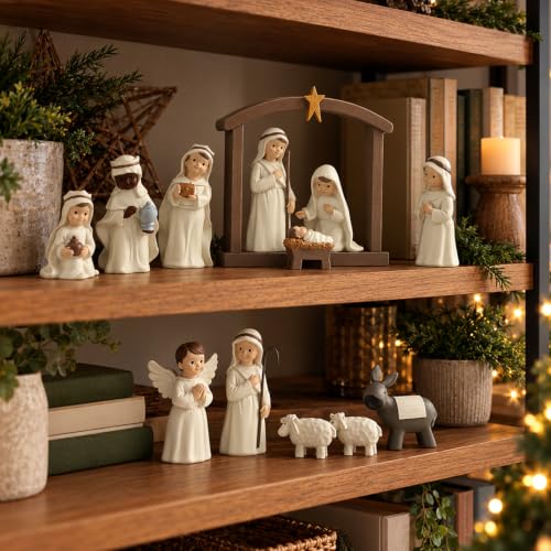 S/12 Nativity Set - Cream Resin Holy Family Christmas Figurines Collection