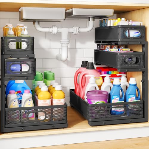 Under Sink Organizer 3-Tier Metal Pull-Out Shelf, Height Adjustable, 2-Pack Black