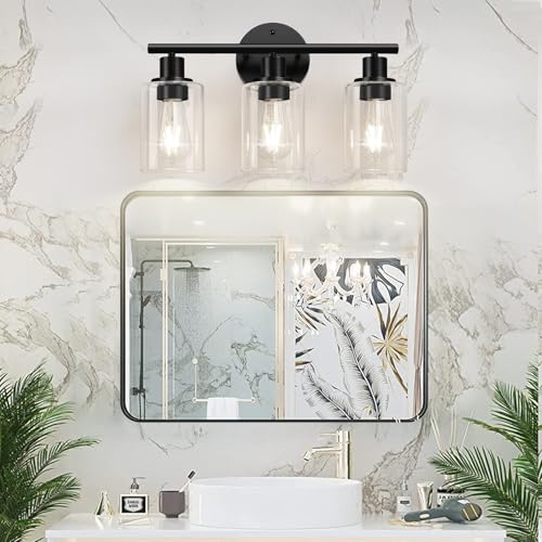 Matte Black 3-Light Bathroom Vanity Light Fixture with Clear Glass Shades – Up & Down Reversible Mounting