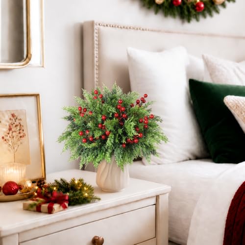 45 PCS Cedar Greenery Stems with Red Berry Picks for Christmas Decor - Artificial Holiday Plants