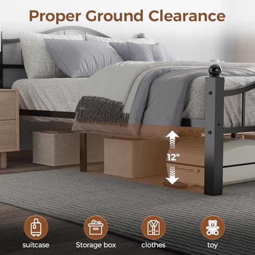 Full Size Black Metal Bed Frame with Headboard — Noise-Reducing, Space-Saving Design