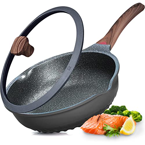 Nonstick Deep Frying Pan Skillet with Lid - 11 Inch, 5 Qt, Ceramic Coating, Heat Indicator
