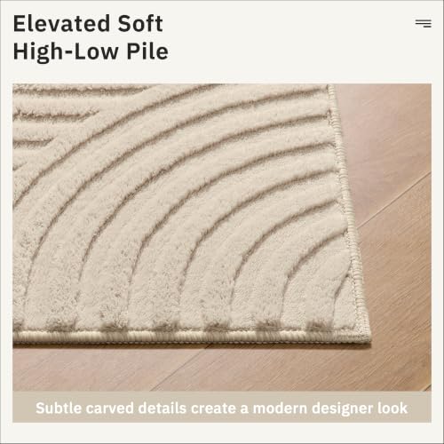 8x10 Beige Washable Area Rug with High-Low Pile for Living Room - Modern Geometric Design
