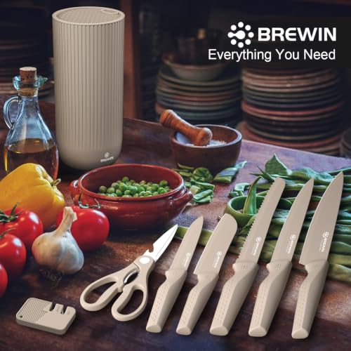 Khaki Brewin Kitchen Knife Set with Block - Complete Professional Cutlery