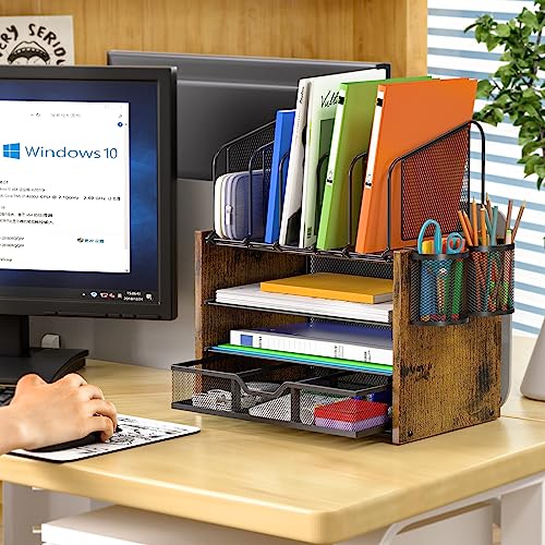 DAOUTIME 4-Tier Mesh Desk Organizer with Drawer and Pen Holders - Wooden Office Storage