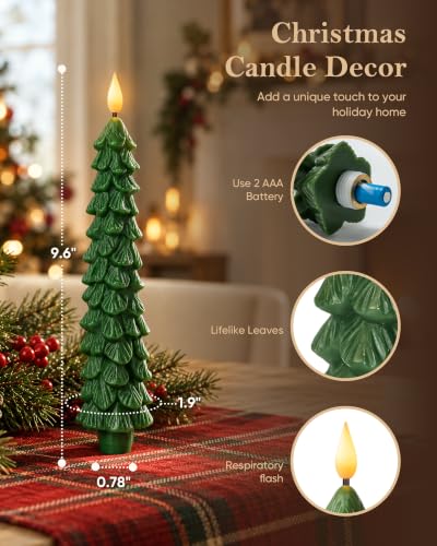 Homemory Flameless Christmas Taper Candles with 3D Flickering Flame, 9.6 Inch, Battery Operated with Timer, Pack of 3