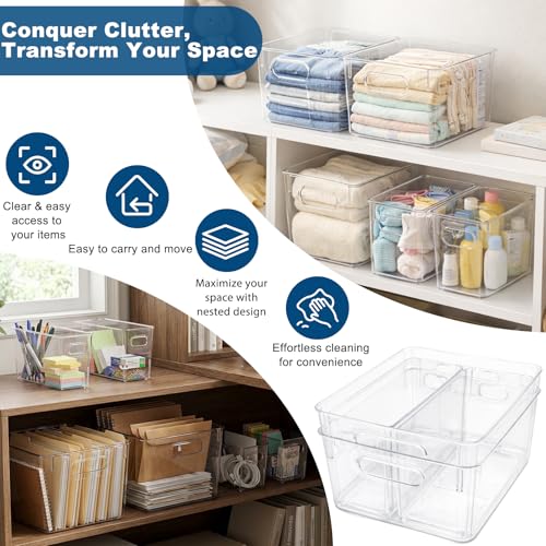 MOONEDGE 8 Pack Clear Plastic Storage Bins - 11x8x6in Large & Narrow Modular Organizer System
