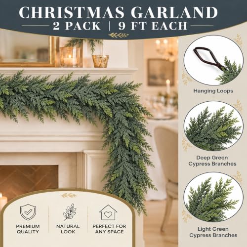 SHOPNEW 2PCS 9FT Artificial Cedar Garland Real Touch Greenery Holiday Decor