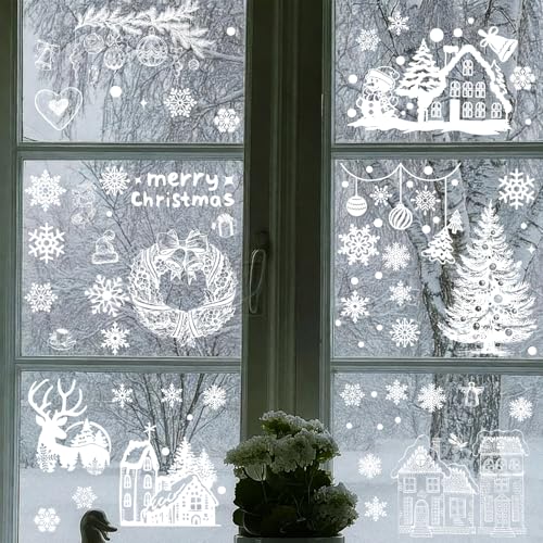 146 PCS White Christmas Window Clings for Glass, Double-Sided,