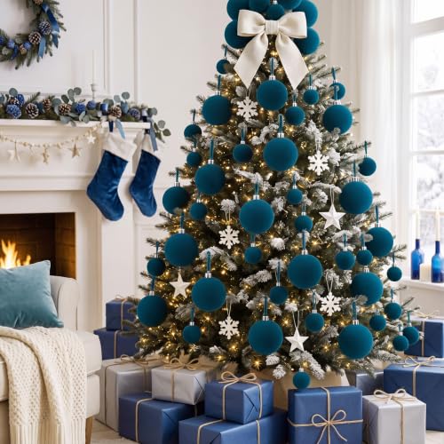 PullCrease Peacock Blue Velvet Christmas Ornaments Set of 40 - Festive Holiday Decor