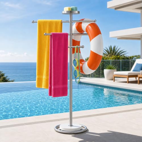 Outdoor 59 Inch Pool Towel Rack with Brushed Finish, Adjustable Arms & Marble Base