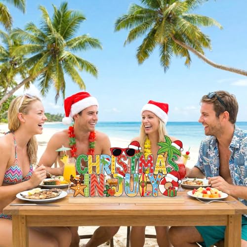 Metal Christmas in July Sign Tabletop Decor with Wooden Base