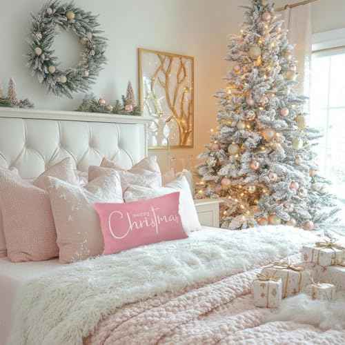 Pink Christmas Throw Pillow Cover 12x20, Merry Christmas Decorative, Xmas Winter Christmas Indoor Outdoor Decorative Throw Pillow Case for Home Bed Living Room Couch Decor