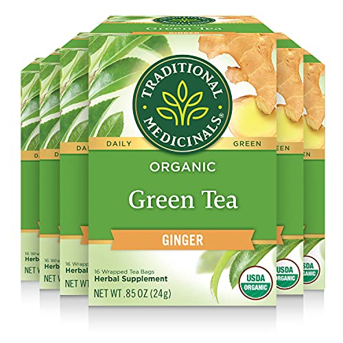 Organic Green Tea with Ginger Pack of 6 - 96 Tea Bags Each - Invigorating & Digestive Support