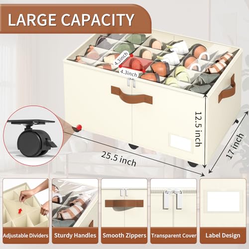 Foyego 2-Pack Beige Shoe Organizer for Closet with Wheels, 25.5 x 17 x 12.5 inches