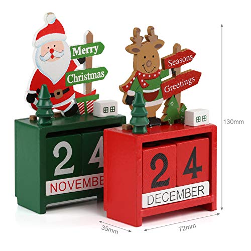 Kesoto 2 PCS Wooden Advent Calendar Christmas Office Decoration, Santa Claus and Reindeer
