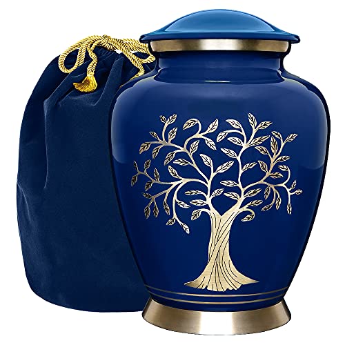 Blue Tree of Life Cremation Urn for Adults - Handcrafted Aluminum Memorial with Threaded Lid