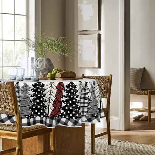 Horaldaily Christmas Tablecloth 60¡¿60 Inch Round, Christmas Trees Buffalo Plaid Black Washable Table Cover for Party Picnic Dinner Decor