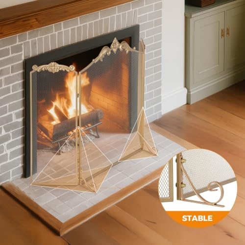 BEAMNOVA Gold Fireplace Screen 50x32 in Baroque Decorative Metal Mesh