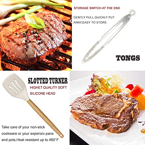 BESTZMWK Khaki 35-Piece Kitchen Utensil Set Silicone & Wooden Handles