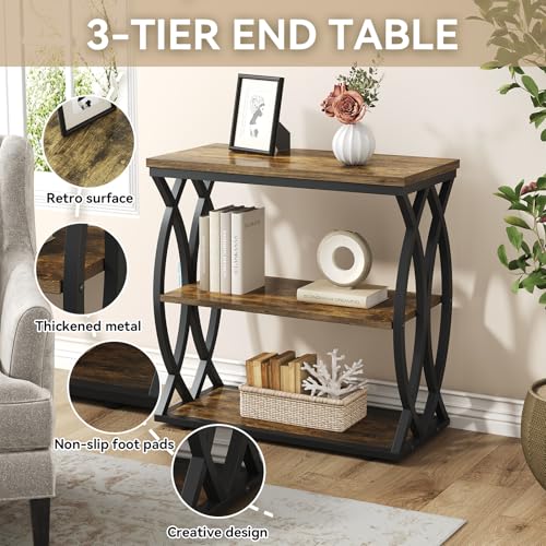 Narrow 3-Tier End Table with Rustic Brown Wood Top and Metal Frame for Small Spaces