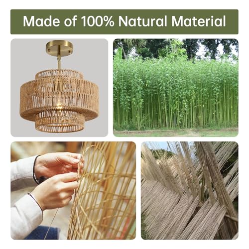 Brown 12.4 Inch Rattan Pendant Light for Kitchen Island - Boho Chandelier