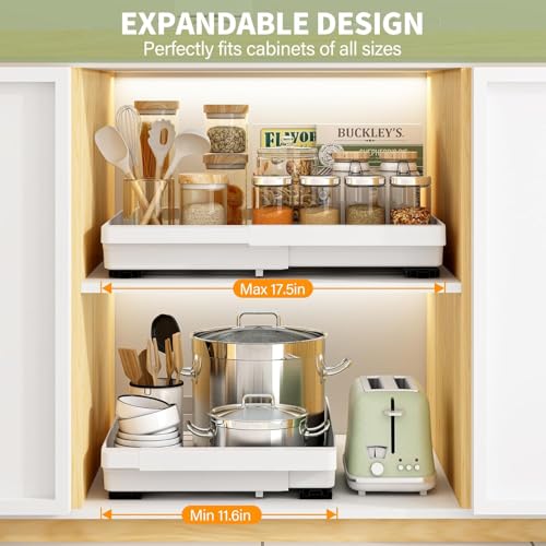 DOMNIU Expandable White Pull Out Cabinet Organizer 16.9" Depth - 2 Pack