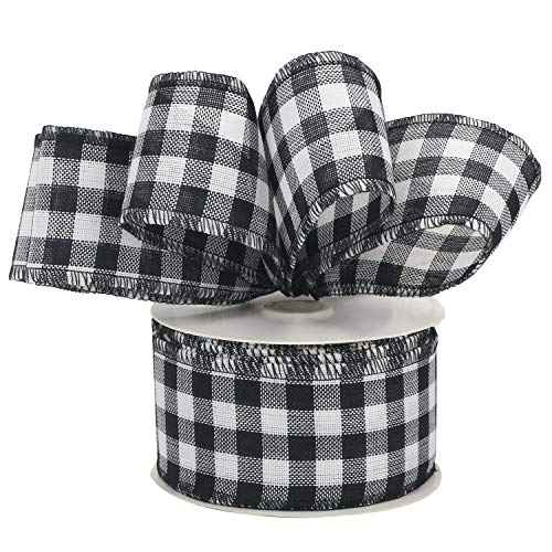 MEEDEE Black Checkered Ribbon Black Halloween Ribbon 2.5 Inch Christmas Plaid Ribbon 25 Yards Black Buffalo Plaid Ribbon Bulk Black Gingham Ribbon Black and White Ribbon for Christmas Tree