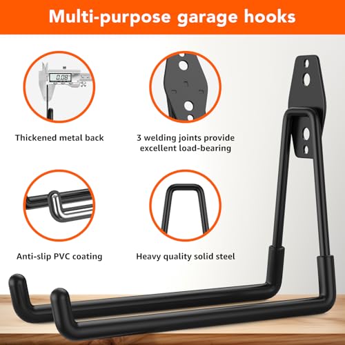 Heavy Duty Wall Mount Garage Hooks - 32 Pack Black with Non-Slip PVC Cover