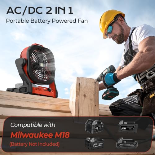 Red Battery Operated Camping Fan with USB Charging & LED Lights - Portable, 4 Speeds, Hook, for Milwaukee M18 Batteries