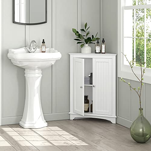 White Corner Bathroom Cabinet with Doors and Adjustable Shelf - Spiralich