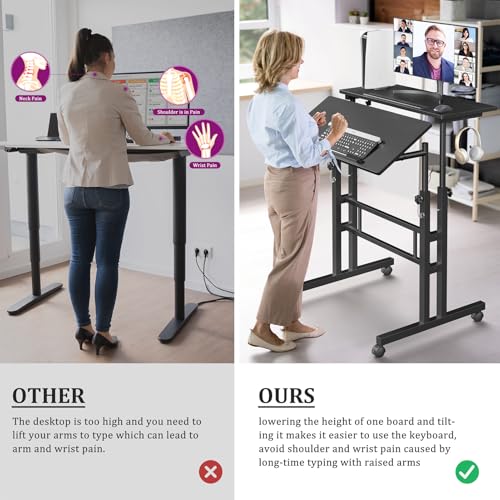 Enayplon Small Standing Desk on Wheels - Portable Adjustable Height Mobile Workstation, Black