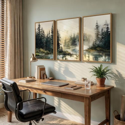 Framed Lake Landscape Wall Art Set - 16x24 Inch Triptych for Living Room & Bedroom - Green & Beige Variation of THIS listing
