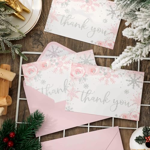 Whaline Pink Glitter Snowflake Thank You Cards 24 Pack with Envelopes & Stickers