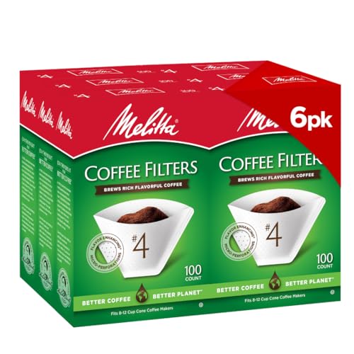 Melitta #4 White Cone Coffee Filters 100-Count Pack of 6 - Microfine Perforations, Double Crimp, Eco-Friendly, USA Made