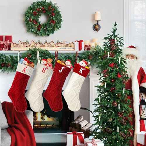 Ulico Christmas Stockings with Initials, 18¡¯¡¯ Large Embroidered Monogram Knit Christmas Stocking,Xmas Stocking for Kids, Holiday and Family Stocking for Fireplace or Party Decoration Red Letter A