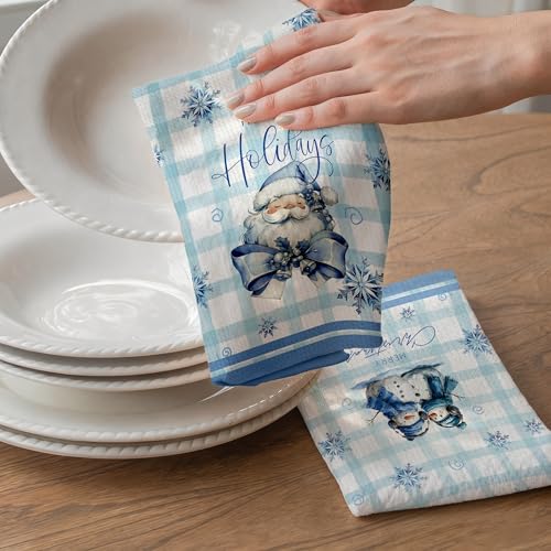 Geuro Winter Friends Snowman Kitchen Towels Set of 2 Blue Checkered 16x24 Inch Holiday Decor