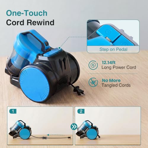 Canister Vacuum Cleaner 16Kpa Suction Corded Home Floor Cleaner - Blue, 13.2"x9.45"x11.8"