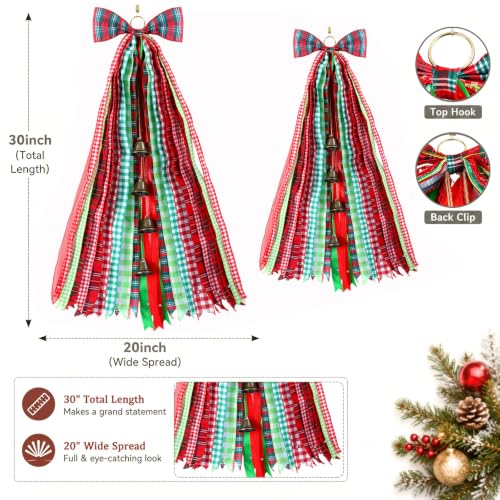 Large Christmas Plaid Wreath Bows with Bells - 2 Pack, 30x20 inches