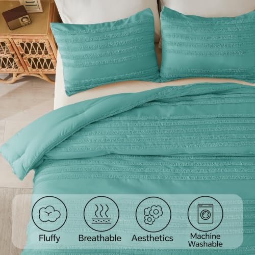 Queen Boho Comforter Set - Aqua Tufted Bedding with Pillowcases