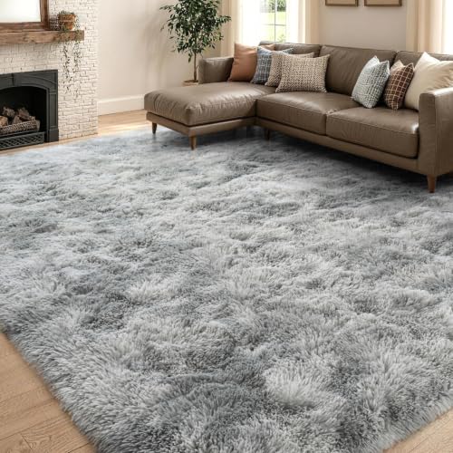 Extra Large Tie-Dyed Grey Fluffy Area Rug 9x12 - Non-Slip, Soft Living Room Carpet - Variation: M-Tie-Dyed Grey / 9' x 12' Rectangular