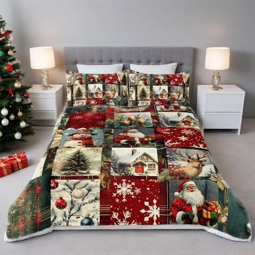 NIDITW 3-Piece Christmas Quilt Set Queen - Retro Plaid Winter Patchwork with 2 Shams