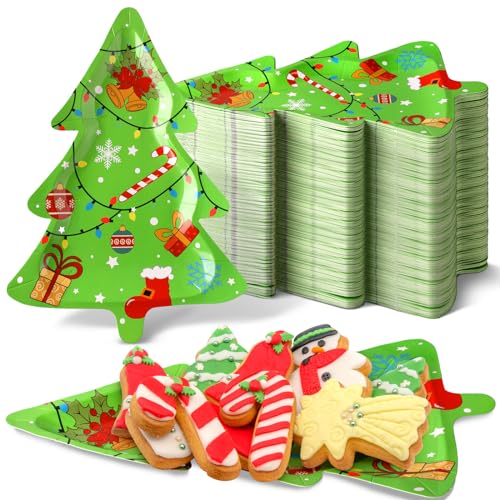 Suttmin 100 Pcs Christmas Tree Paper Plates 11x7.9in with Bells – Disposable Holiday Dinnerware (Bell Variant)
