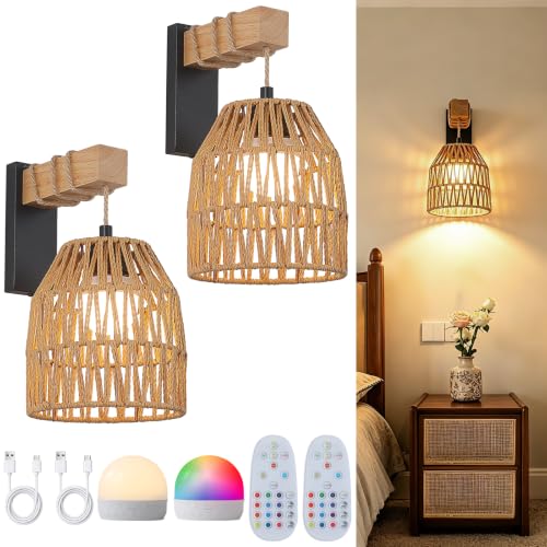 Rattan Battery Wall Sconce 2 Pack, Remote Dimmable, Matte Black