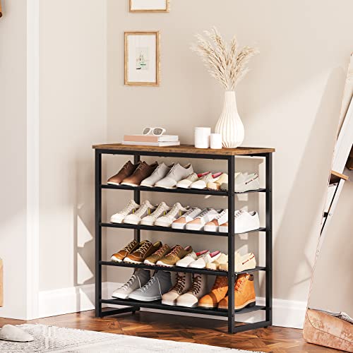 5-Tier Shoe Rack Organizer with Oxford Fabric Shelves and Rustic Brown Top Panel - 29.5 x 11.2 x 29.5 Inches, Black & Brown Variation