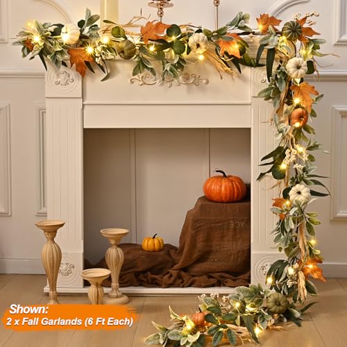 Waipfaru Green 6 Ft Fall Garland with Lights for Mantel, Indoor Outdoor Decor